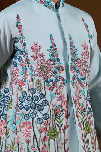 PISTA GREEN SILK PREMIUM THREAD & SEQUINS EMBROIDERED WORK FESTIVAL PARTY WEAR STRAIGHT KURTA WITH JACKE AND PANT