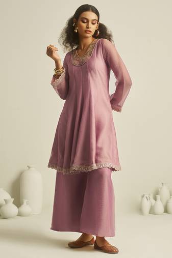 pink tissue hand-work kurta with sequin embellished palazzo