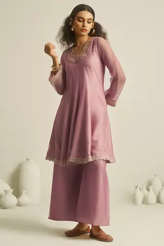 pink tissue hand-work kurta with sequin embellished palazzo