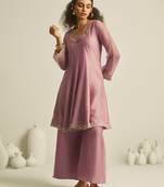 pink tissue hand-work kurta with sequin embellished palazzo