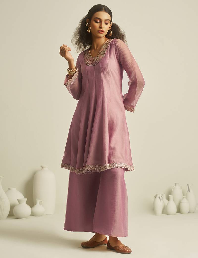 pink tissue hand-work kurta with sequin embellished palazzo