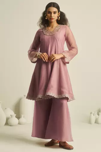 pink tissue hand-work kurta with sequin embellished palazzo