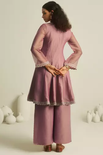 pink tissue hand-work kurta with sequin embellished palazzo