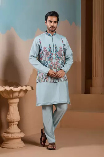PISTA GREEN SILK PREMIUM THREAD & SEQUINS EMBROIDERED WORK FESTIVAL PARTY WEAR STRAIGHT KURTA WITH JACKE AND PANT