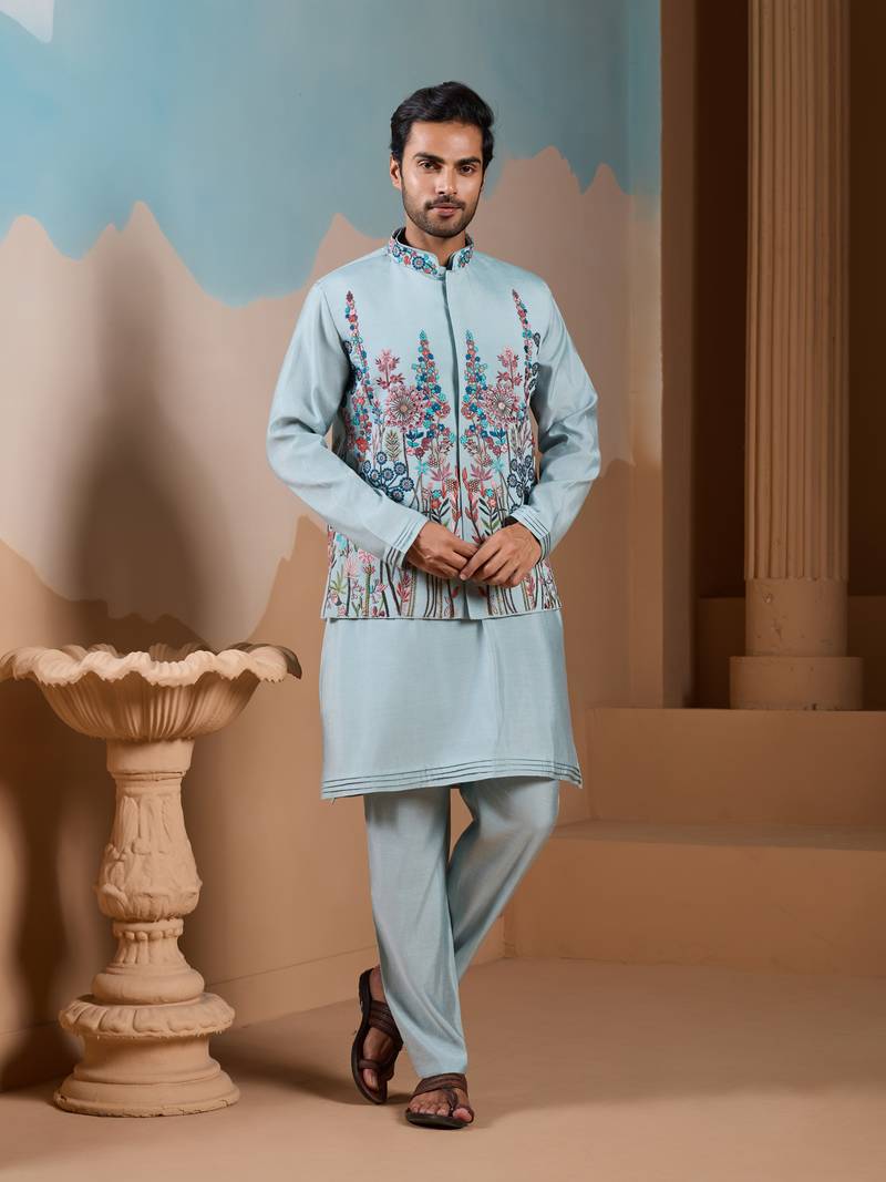 Pista green silk premium thread & sequins embroidered work festival party wear straight kurta with jacke and pant