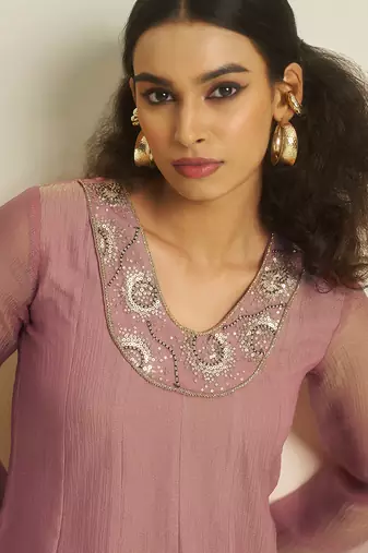pink tissue hand-work kurta with sequin embellished palazzo