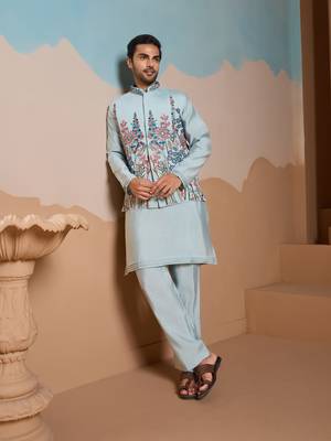 PISTA GREEN SILK PREMIUM THREAD & SEQUINS EMBROIDERED WORK FESTIVAL PARTY WEAR STRAIGHT KURTA WITH JACKE AND PANT 5