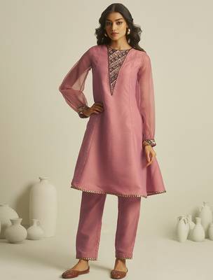 peach tissue geometric hand-work kurta set 5