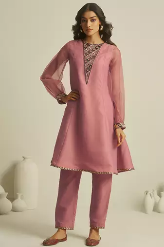 peach tissue geometric hand-work kurta set