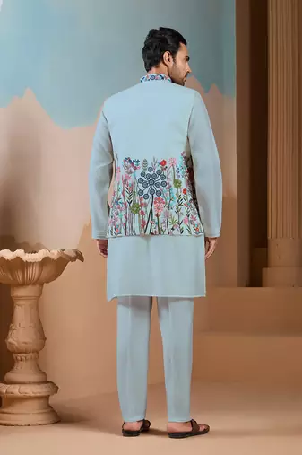 PISTA GREEN SILK PREMIUM THREAD & SEQUINS EMBROIDERED WORK FESTIVAL PARTY WEAR STRAIGHT KURTA WITH JACKE AND PANT