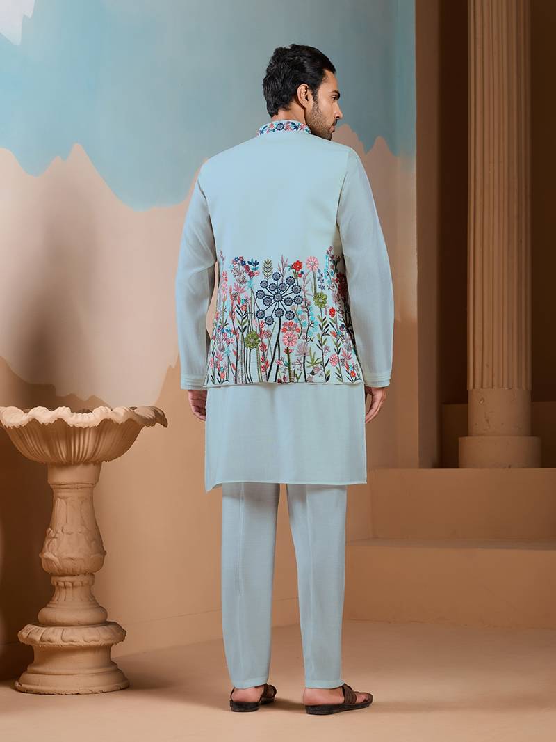Pista green silk premium thread & sequins embroidered work festival party wear straight kurta with jacke and pant