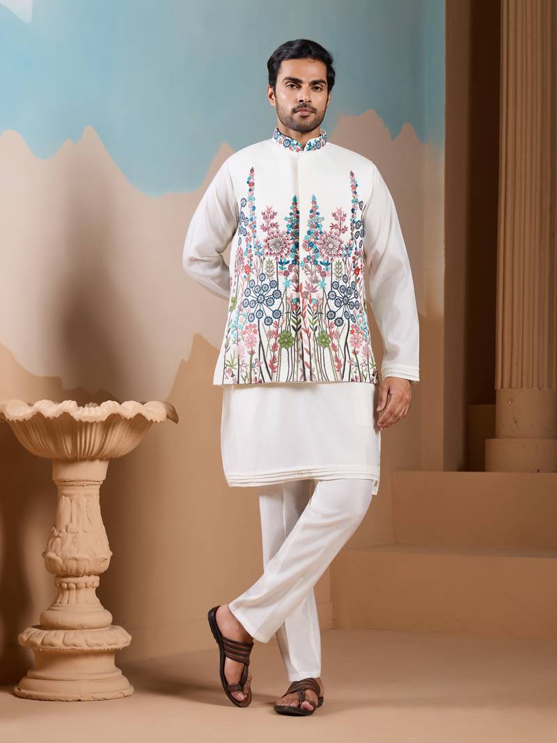 White silk premium thread & sequins embroidered work wedding festival party wear straight kurta with jacke and pant