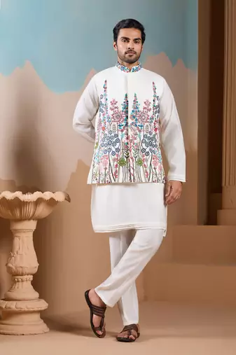 White silk premium thread & sequins embroidered work wedding festival party wear straight kurta with jacke and pant