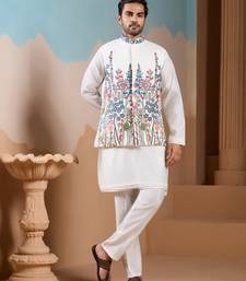 WHITE SILK PREMIUM THREAD & SEQUINS EMBROIDERED WORK WEDDING FESTIVAL PARTY WEAR STRAIGHT KURTA WITH JACKE AND PANT