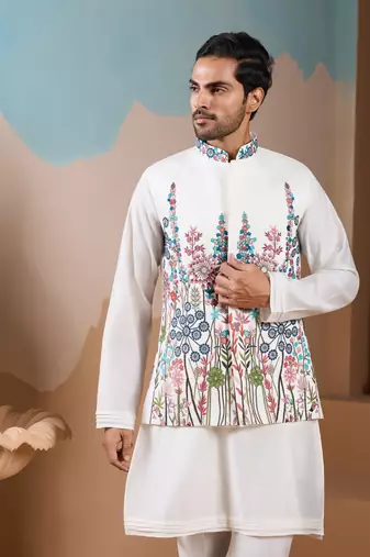 WHITE SILK PREMIUM THREAD & SEQUINS EMBROIDERED WORK WEDDING FESTIVAL PARTY WEAR STRAIGHT KURTA WITH JACKE AND PANT