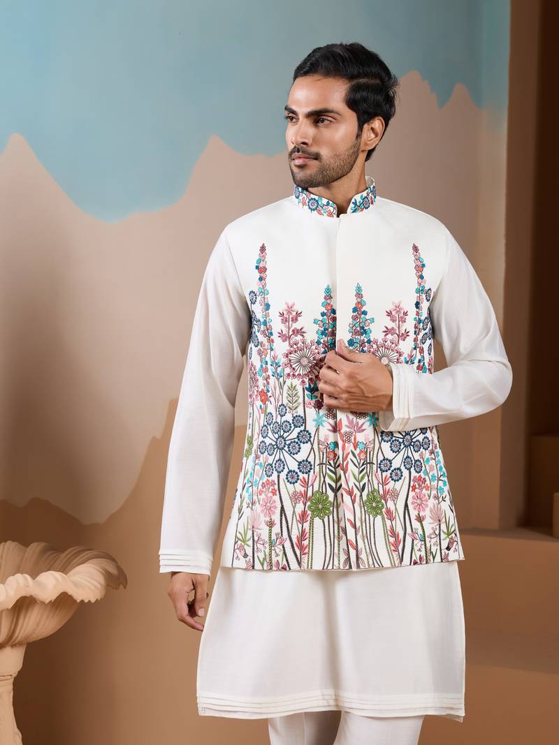 White silk premium thread & sequins embroidered work wedding festival party wear straight kurta with jacke and pant