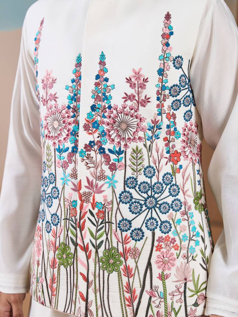 White silk premium thread & sequins embroidered work wedding festival party wear straight kurta with jacke and pant