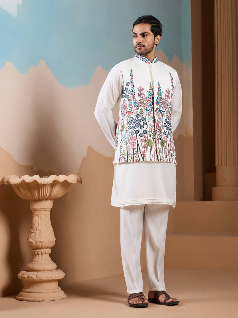 White silk premium thread & sequins embroidered work wedding festival party wear straight kurta with jacke and pant