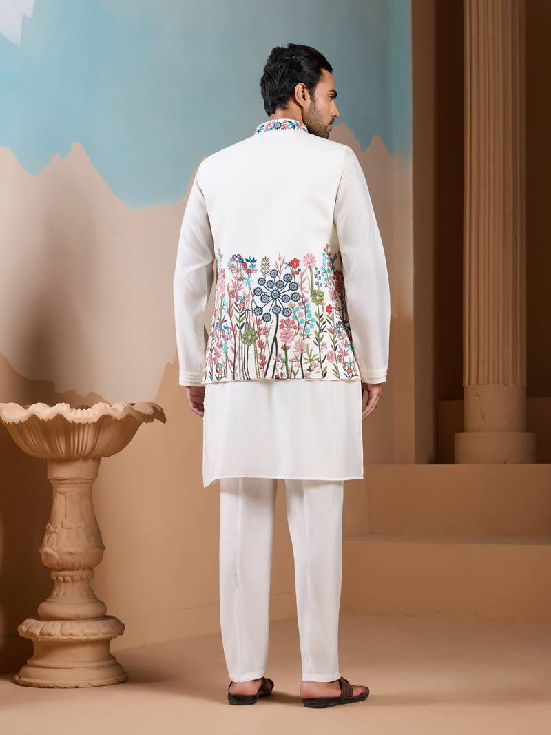 White silk premium thread & sequins embroidered work wedding festival party wear straight kurta with jacke and pant
