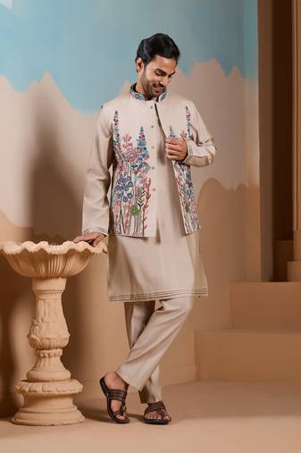 Beige silk premium thread & sequins embroidered work wedding festival party wear straight kurta with jacke and pant