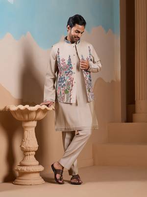 BEIGE SILK PREMIUM THREAD & SEQUINS EMBROIDERED WORK WEDDING FESTIVAL PARTY WEAR STRAIGHT KURTA WITH JACKE AND PANT 1