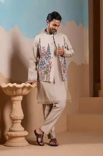 Beige silk premium thread & sequins embroidered work wedding festival party wear straight kurta with jacke and pant