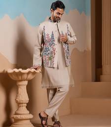 BEIGE SILK PREMIUM THREAD & SEQUINS EMBROIDERED WORK WEDDING FESTIVAL PARTY WEAR STRAIGHT KURTA WITH JACKE AND PANT
