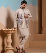 Beige silk premium thread & sequins embroidered work wedding festival party wear straight kurta with jacke and pant