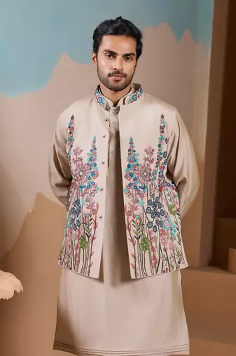 BEIGE SILK PREMIUM THREAD & SEQUINS EMBROIDERED WORK WEDDING FESTIVAL PARTY WEAR STRAIGHT KURTA WITH JACKE AND PANT