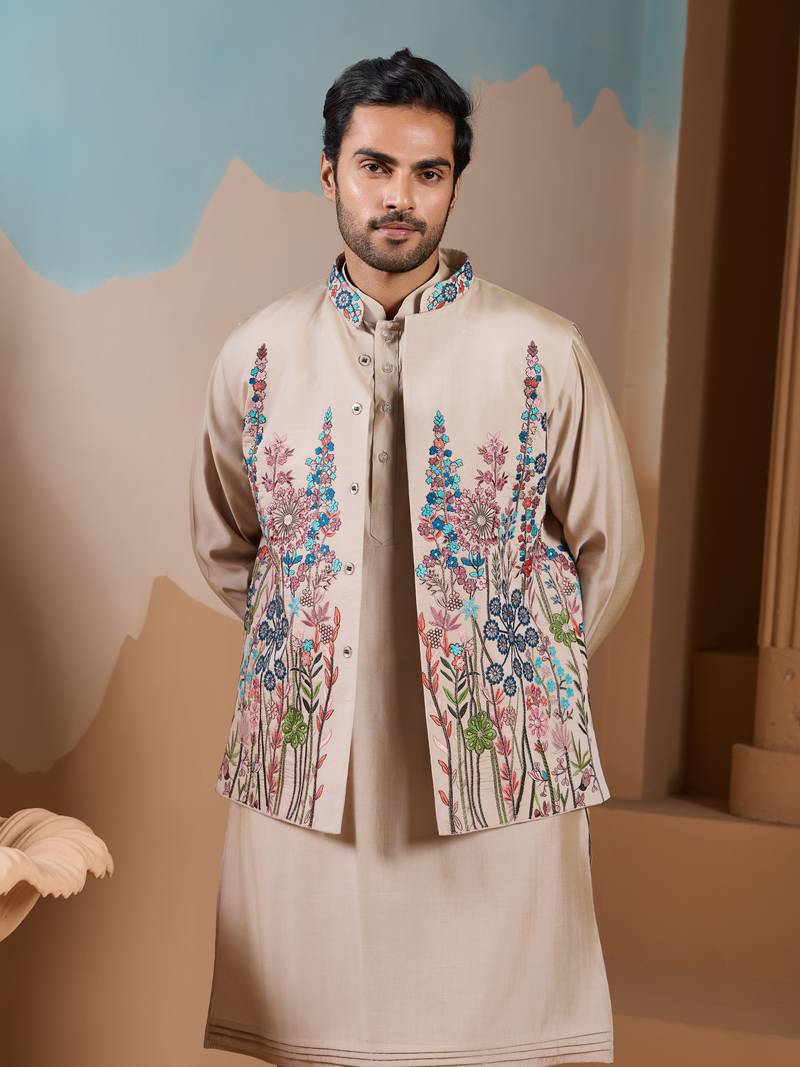 Beige silk premium thread & sequins embroidered work wedding festival party wear straight kurta with jacke and pant
