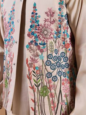 BEIGE SILK PREMIUM THREAD & SEQUINS EMBROIDERED WORK WEDDING FESTIVAL PARTY WEAR STRAIGHT KURTA WITH JACKE AND PANT 4
