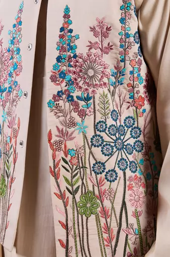 BEIGE SILK PREMIUM THREAD & SEQUINS EMBROIDERED WORK WEDDING FESTIVAL PARTY WEAR STRAIGHT KURTA WITH JACKE AND PANT