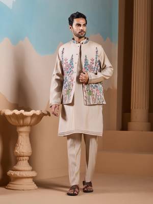 BEIGE SILK PREMIUM THREAD & SEQUINS EMBROIDERED WORK WEDDING FESTIVAL PARTY WEAR STRAIGHT KURTA WITH JACKE AND PANT 5