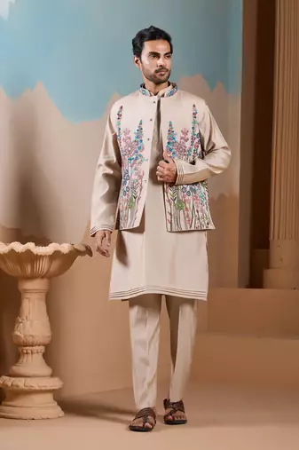 BEIGE SILK PREMIUM THREAD & SEQUINS EMBROIDERED WORK WEDDING FESTIVAL PARTY WEAR STRAIGHT KURTA WITH JACKE AND PANT