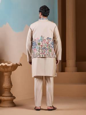BEIGE SILK PREMIUM THREAD & SEQUINS EMBROIDERED WORK WEDDING FESTIVAL PARTY WEAR STRAIGHT KURTA WITH JACKE AND PANT 6