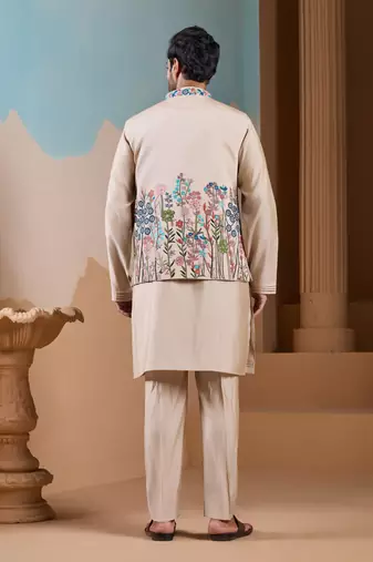 BEIGE SILK PREMIUM THREAD & SEQUINS EMBROIDERED WORK WEDDING FESTIVAL PARTY WEAR STRAIGHT KURTA WITH JACKE AND PANT