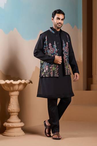 Black silk premium thread & sequins embroidered work wedding festival party wear straight kurta with jacke and pant