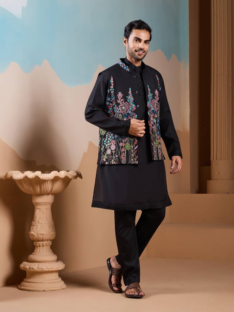 Black silk premium thread & sequins embroidered work wedding festival party wear straight kurta with jacke and pant