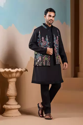 Black silk premium thread & sequins embroidered work wedding festival party wear straight kurta with jacke and pant