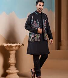 BLACK SILK PREMIUM THREAD & SEQUINS EMBROIDERED WORK WEDDING FESTIVAL PARTY WEAR STRAIGHT KURTA WITH JACKE AND PANT