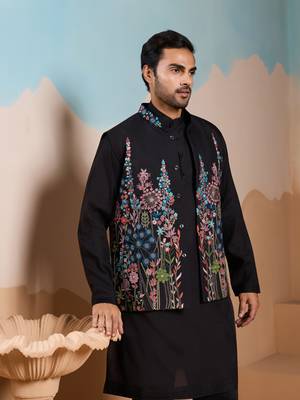 BLACK SILK PREMIUM THREAD & SEQUINS EMBROIDERED WORK WEDDING FESTIVAL PARTY WEAR STRAIGHT KURTA WITH JACKE AND PANT 3
