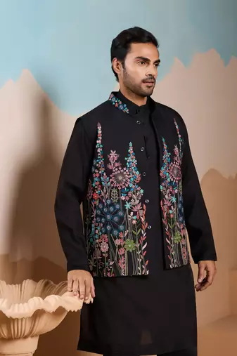 BLACK SILK PREMIUM THREAD & SEQUINS EMBROIDERED WORK WEDDING FESTIVAL PARTY WEAR STRAIGHT KURTA WITH JACKE AND PANT