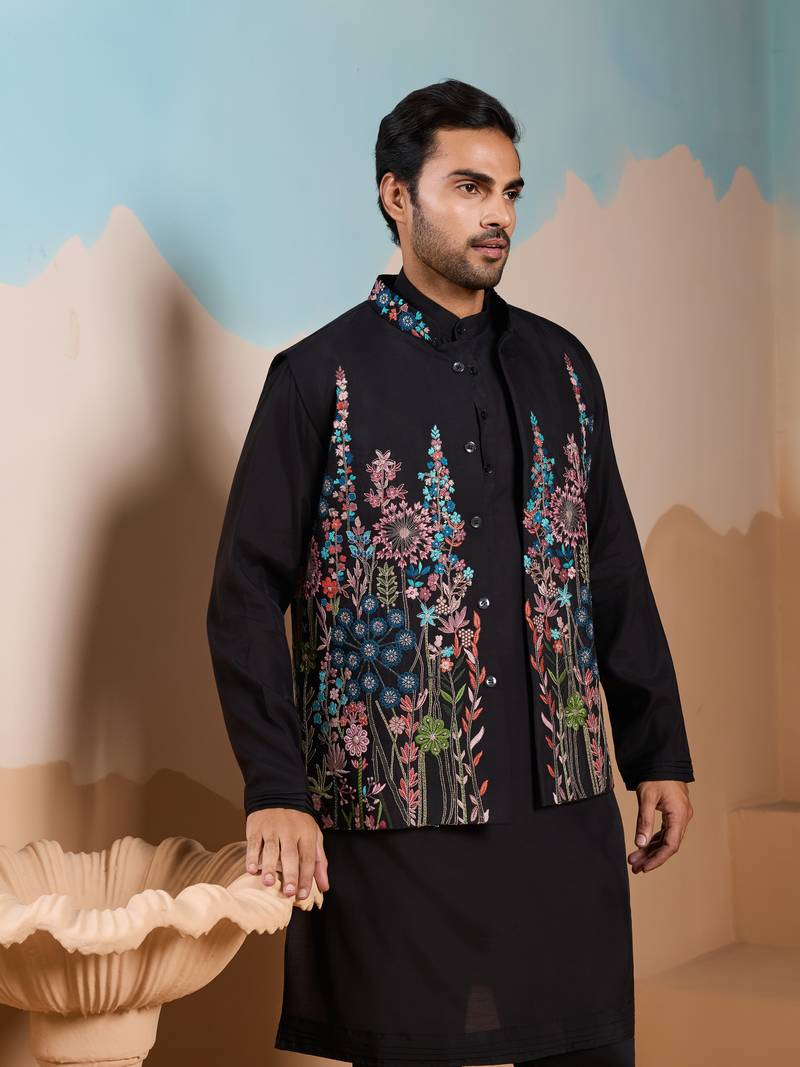 Black silk premium thread & sequins embroidered work wedding festival party wear straight kurta with jacke and pant