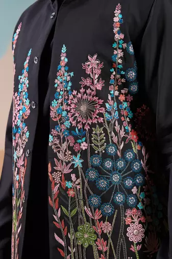 BLACK SILK PREMIUM THREAD & SEQUINS EMBROIDERED WORK WEDDING FESTIVAL PARTY WEAR STRAIGHT KURTA WITH JACKE AND PANT