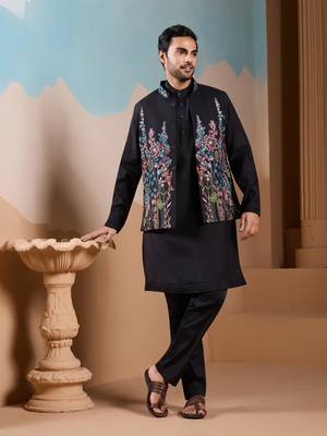 BLACK SILK PREMIUM THREAD & SEQUINS EMBROIDERED WORK WEDDING FESTIVAL PARTY WEAR STRAIGHT KURTA WITH JACKE AND PANT 5