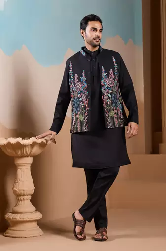 BLACK SILK PREMIUM THREAD & SEQUINS EMBROIDERED WORK WEDDING FESTIVAL PARTY WEAR STRAIGHT KURTA WITH JACKE AND PANT