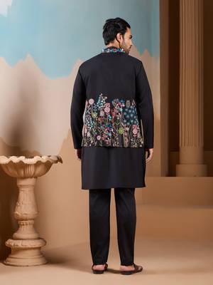 BLACK SILK PREMIUM THREAD & SEQUINS EMBROIDERED WORK WEDDING FESTIVAL PARTY WEAR STRAIGHT KURTA WITH JACKE AND PANT 6