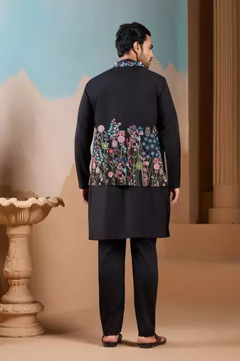 BLACK SILK PREMIUM THREAD & SEQUINS EMBROIDERED WORK WEDDING FESTIVAL PARTY WEAR STRAIGHT KURTA WITH JACKE AND PANT