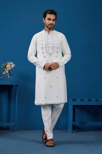 White viscose silk real mirror with thread embroidered work festival marriage party wear straight mens kurta with pant