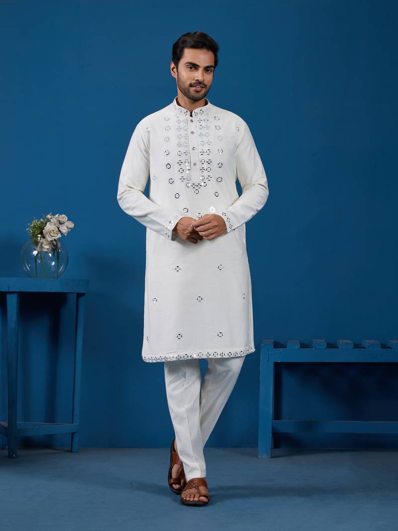 White viscose silk real mirror with thread embroidered work festival marriage party wear straight mens kurta with pant